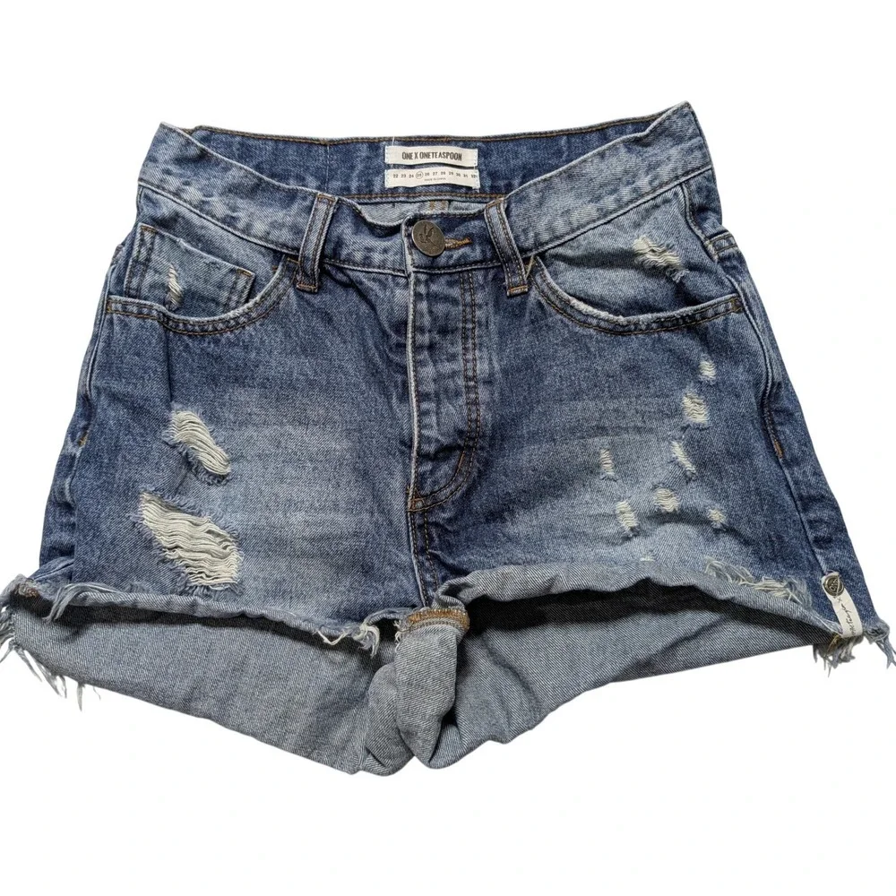 One Teaspoon High Waist Bonita Distressed Denim Shorts Blue Size 25 Button Fly